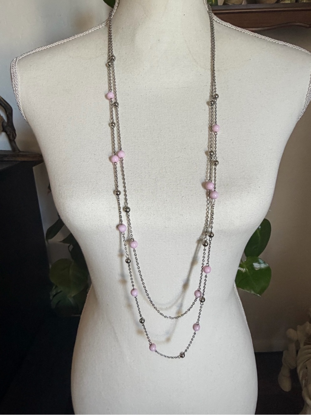 Vintage Pink & Silver Beads Layered Multi Strand Necklace